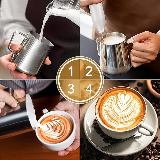 Powerful Milk Frother - Electric Handheld Milk Frother with Stand, Milk Jug and 2 Stainless Steel Blenders, Rechargeable 3 Speed Coffee Latte Cappuccino Matcha