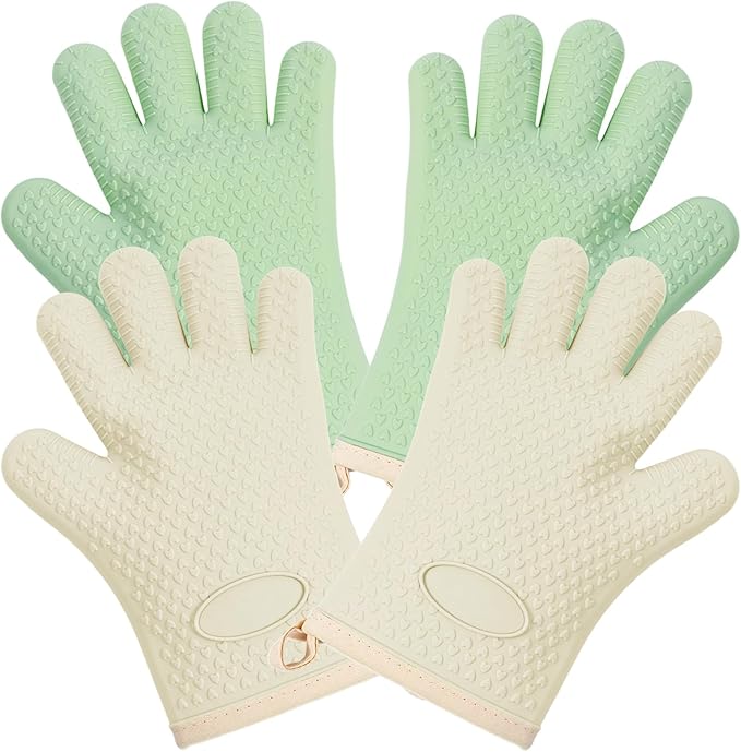 2 Pairs Silicone Oven Mitts Heat Resistant Gloves Heat Resistant Non-Slip Waterproof Kitchen Mittens for Baking, Grilling, Cooking(2 Pairs-Green + White)