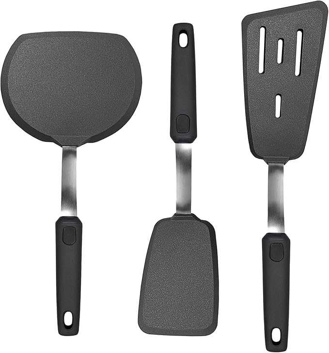 3 Piece Silicone Spatula Turner Set, 600°F Heat-Resistant Nonstick Kitchen Cooking Utensils Set for Egg,Pancake,Burger - Thin Stainless Steel with Silicone, Dishwasher Safe,Black