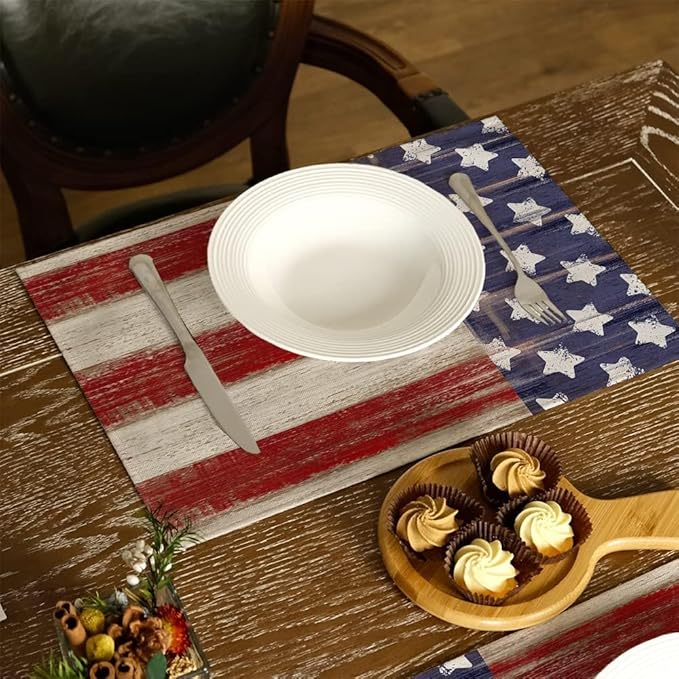 Bloss Patriotic 4th of July Placemats Set of 6, Memorial Day 12" x 18" Linen Table Mats for Party Kitchen Dining Decoration, Retro Vintage Independence Day Disposable Place Mats