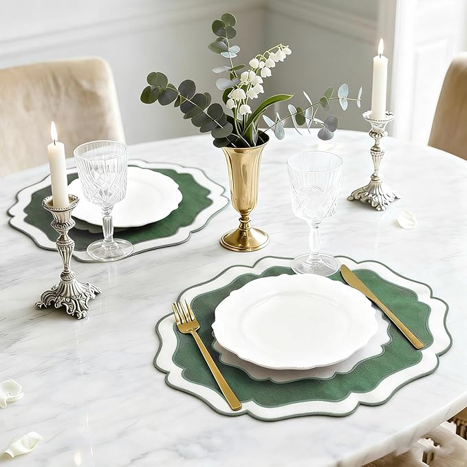 Embroidery Cotton Linen Placemats Set of 4, HADEEONG Table Mats Cloth Placemats, Washable Wrinkle Resistance, Double Layer Scalloped Fabric Placemats, 17.7 x 13.4inch (White with Green, 4)