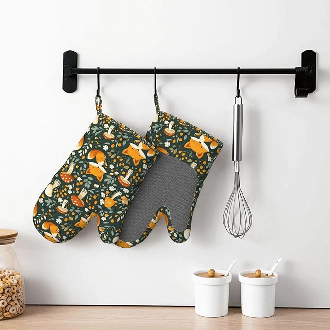 Fox Silicone Oven Mitts Set of 2, Heat Resistant up to 500°F, Kitchen Oven Gloves with Non-Slip Grip and Soft Cotton Lining for Baking, Cooking and BBQ