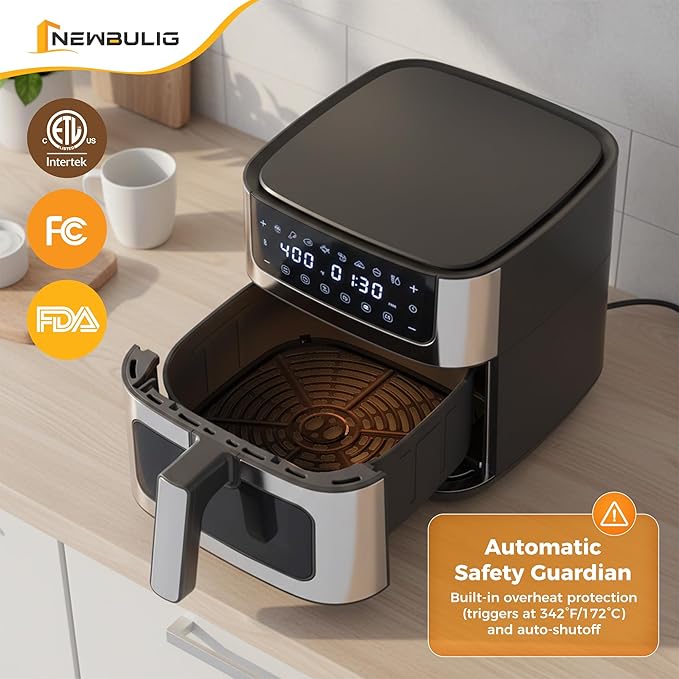 NEWBULIG Air Fryer 6.34QT, Airfryer with Visible Window, 400℉ Fast Heating Air Fryers Oven with Nonstick and Dishwasher-Safe Basket, 8-in-1 Cooking Preset, Timer，Auto-Off, Stainless Steel, Black