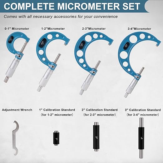 Beaiguna 4PCS Micrometer Set, 0-1"/1-2"/2-3"/3-4" Machinist Outside Micrometer Measuring Tool, Ultra-Precision 0.0001" Graduation Micrometers, Professional Machinist Tools Set