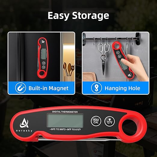 Instant-Read Meat Thermometer Digital for Cooking and Grilling, Waterproof Food Thermometer with Backlight, Calibration & Hold Function for Kitchen, BBQ, Deep Fry, Candy, Liquid (Red)