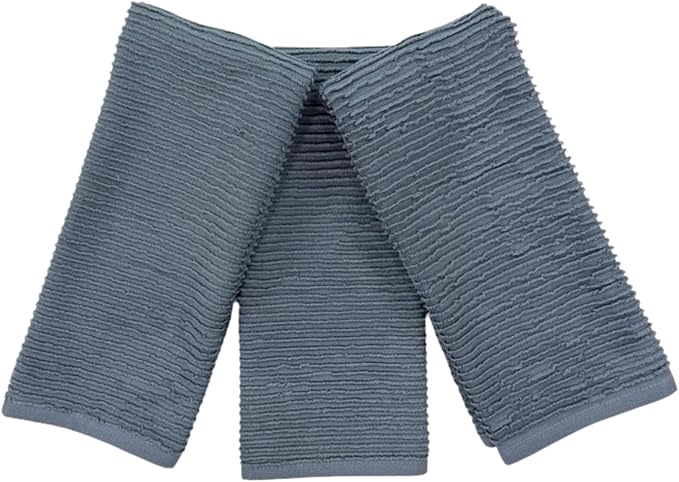 Serafina Home Slate Blue Gray Grey Kitchen Hand Dish Towels: Oversized 28" x 18", 100% Cotton Cloth Soft Cleaning Drying Absorbent Ribbed Design, Set of 3 Multipurpose for Everyday Use