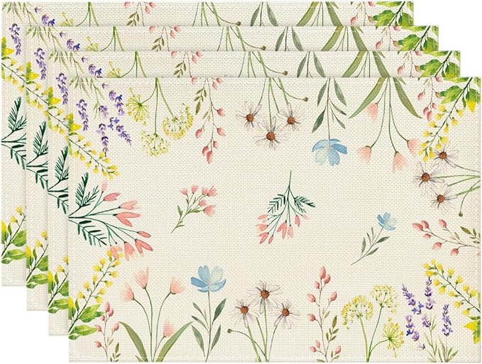 Artoid Mode Flowers Floral Summer Placemats Set of 4, 12x18 Inch Seasonal Spring Table Mats for Party Kitchen Wedding Dining Decoration