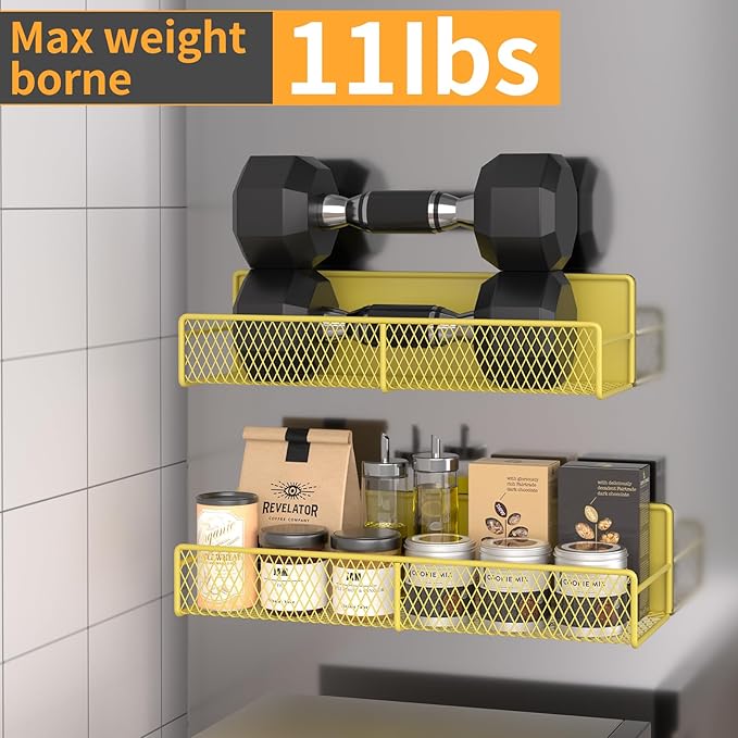 DTUQYX Magnetic Spice Rack for Refrigerator, 4 Pack 100% Metal Strong Magnet Fridge Shelves, Space Saving Spice Organizer, No Drilling Moveable Home Kitchen Laundry Room Storage Organization, Yellow