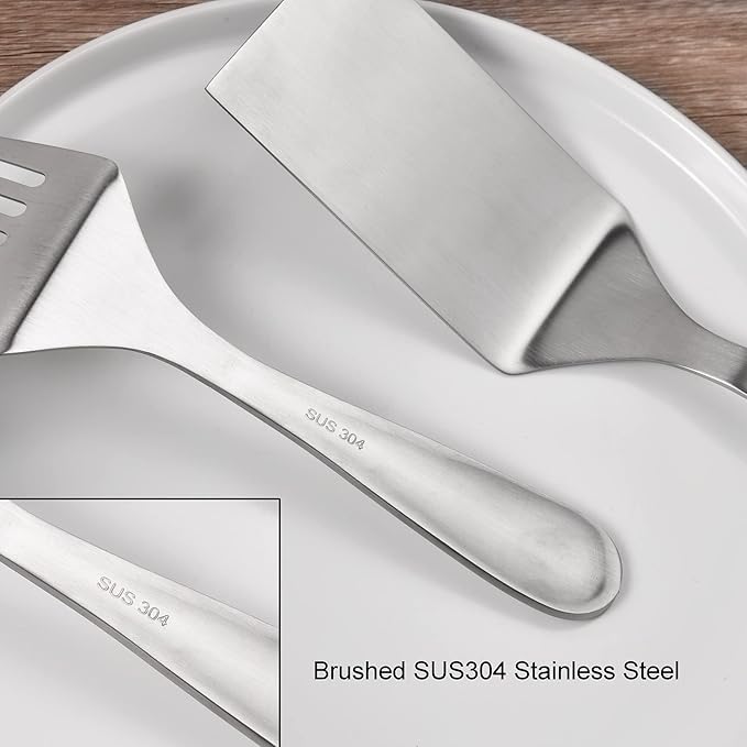 IMEEA Small Metal Spatula Set 10-Inch, SUS304 Stainless Steel Flat & Slotted Turner for Eggs, Pancakes, Sandwiches, Compact Kitchen Spatula Set of 2