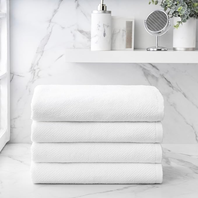 Welhome Franklin 100% Cotton Popcorn Textured Towel Set - 4 Pack Bath Towels, 600 GSM, Soft & Plush, White