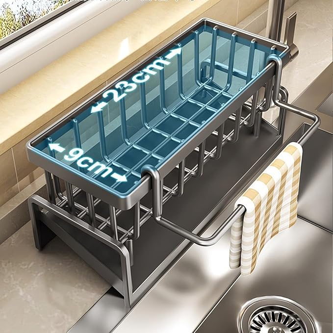 Sponge Kitchen Sink Caddy Organizer Brush Sink Sponge With Auto Draining Tray, Self Drain Dish Soap Caddy, 9.05" Lx4.33 Wx3.93 H (gray)