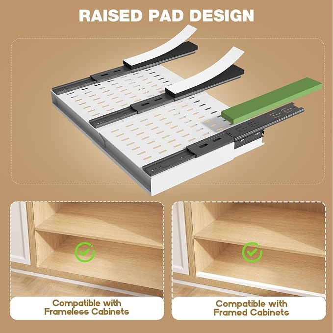Seinloes 2 Pack Pull Out Cabinet Organizer With Raising Pad for Framed Cabinets,Expandable Width (13"-21") and Depth (13"-17"),3 Slide Rails Slide Out Drawers with Handle,No-Drill Roll Out Shelf,White