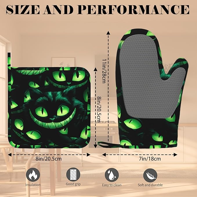 Halloween Ghost Face Heat-Resistant Oven Mitts and Pot Holder Smile Face Kitchen Non-Slip Silicone Cooking Microwave Gloves for BBQ Baking Grilling