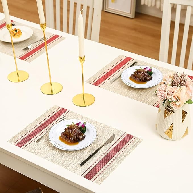 DACHUI Placemats Set of 8, Soft & Elegant Woven Vinyl Place Mats, Water Resistant, Heat Resistant, Washable, Durable Table Mats (Red Stripes)