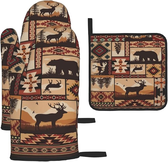 3 - Piece Brown Rustic Wildlife Oven Mitts & Pot Holders Sets, Cute Decorative Heat Resistant Kitchen Gloves and Hot Pad for Cooking Baking BBQ, Gifts for Outdoor Nature Lovers Baker Camper Stuff