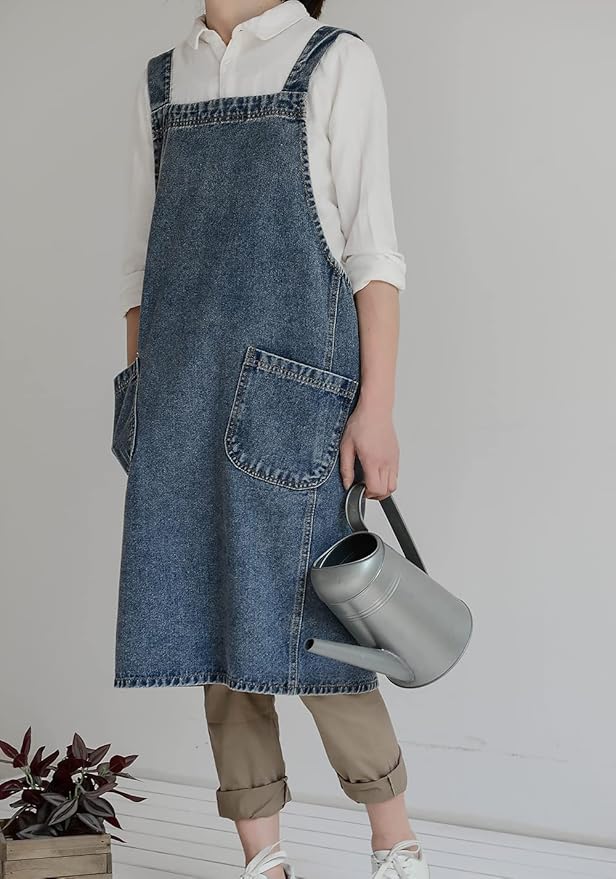 Denim Apron with Large Pockets for Cooking Kitchens, Gardening Aprons for Women Men, Bib Jean Apron for Arts Cafe Work (Style B, Deep Blue)