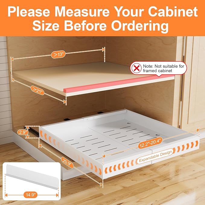 2 Pack Pull out Cabinet Organizer Expandable Width(12"-20") and 21"Depth, No Drill Adjustable Slide Out Drawers for Kitchen, Cabinets With 3 Slide Rails,Magnetic Panel, Adhesive Roll out Shelves