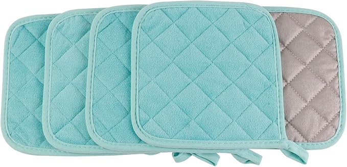 5 Pack Pot Holders for Kitchen Easy-Care Cotton Machine Washable hot Pads for Kitchen for Cooking and Baking Oven Blue-Green