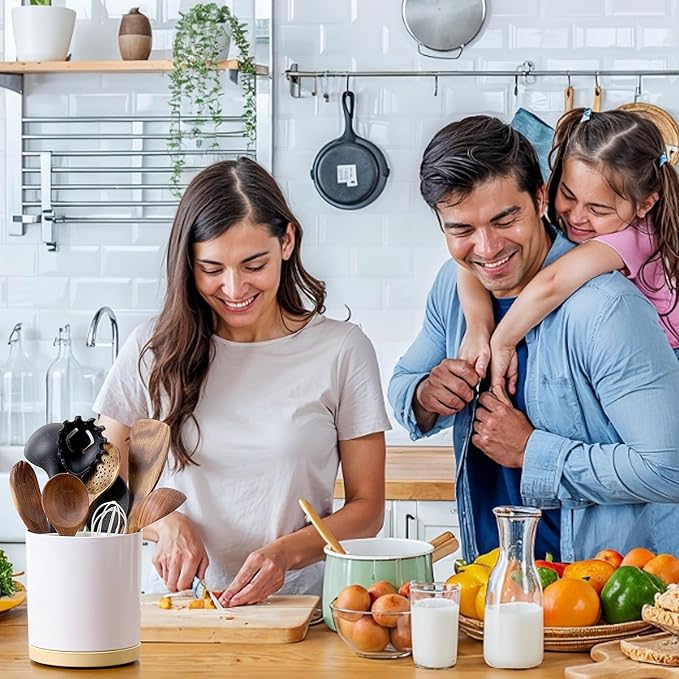Meolibour Extra Large Porcelain Like Kitchen Cooking Utensil Holder, 360° Rotating Utensil Crock, 7.2" Unbreakable for Countertop, for Farmhouse Kitchen Decor with Rotatable and Detachable Base