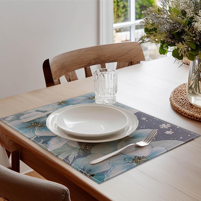 HOMETITUTE Placemats Set of 4 12x18 inch Blue Floral Table Mats for Dining Table Linen Placemats Farmhouse Decorations Kitchen Decor Desk Mat for Outdoor Home Party Kitchen Seasonal Dining