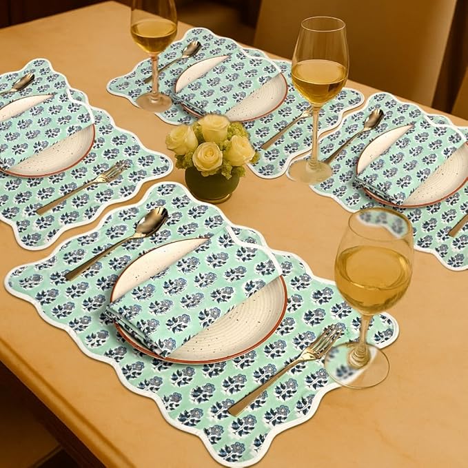 CPC Cotton Placemats Poppy Blue Set of 4-Hand Block Printed Reversible Placemats, Flower Scalloped & Embroidered Cloth Table Mats - 14 x 20 inch Gift for Spring, Mother's Day