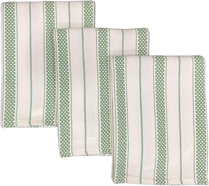 Kitchen Towels Set – Pack of 3 (20’’ x 30’’) Extra Large Premium Cotton Dish Towels for Kitchen – Chain Stripe Towels – Absorbent – 100% Cotton – with Hanging Loop – Olive
