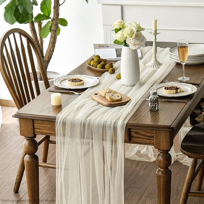 Artoid Mode 6PCS Beige Gauze Table Runner 120 Inch 10FT, Seasonal Sheer Kitchen Dining Holiday Wedding Birthday Baby Shower Table Decor for Home Party