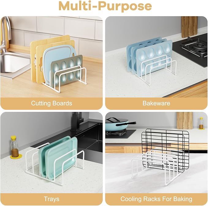 Fikoksol Cutting Board Organizer and Baking Sheet Rack, [1-Pack] White Heavy Duty Metal Cookie Sheet Organizer for Cutting Board Storage & Plate Holder for Cabinet, Tray Dividers for Cabinets