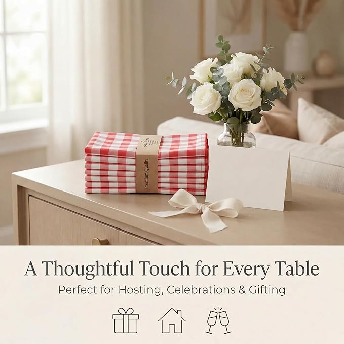Urban Villa Cloth Napkins Set of 12 20x20 Inches 100% Cotton Napkins Cloth Washable Durable Reusable Absorbent Table Dinner Napkins Cloth for Farmhouse Party Hotel Lunch Restaurant Napkins - Red White