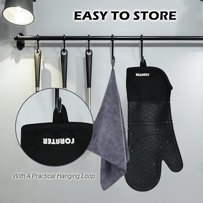 Silicone Oven Mitts 15'' Heat Resistant Flexible Oven Glove Set Hot Mitts with Soft Cotton Lining for Cooking, Baking, and Grilling (Black Mitts+potholders+Kitchen Towels, 15'')