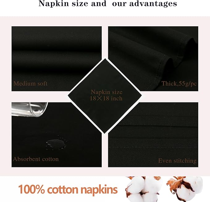Black Cloth Napkins Set of 12,100% Cotton Napkins,18 x18 inch,Formal Dinner Napkins for Hallooween,Washable,Soft,Thick（Formal Black）
