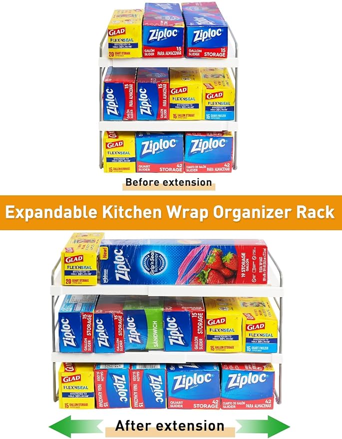 JUPELI Foil and Plastic Wrap Organizer, Expandable Kitchen Pantry Storage, Height Adjustable Cabinet Rack for Kitchen Organization, Aluminum Foil -3 Tier 9.8" to 15.6"L