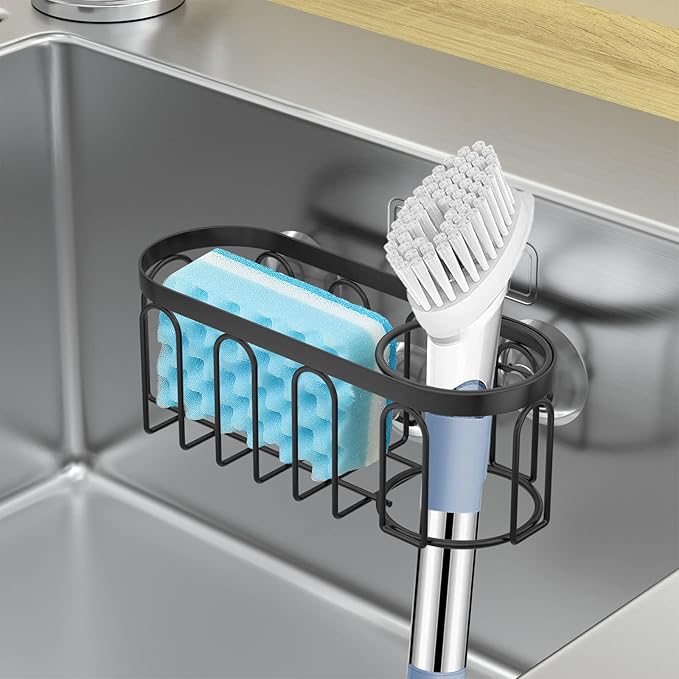 Yazoni 2-in-1 Sponge Holder for Kitchen Sink, Sink Caddy Kitchen Sink Organizer with 3 Suction Cups, No Drill Rustproof Sink Sponge Holder for Dish Brush, Soap & Sponge (Black)