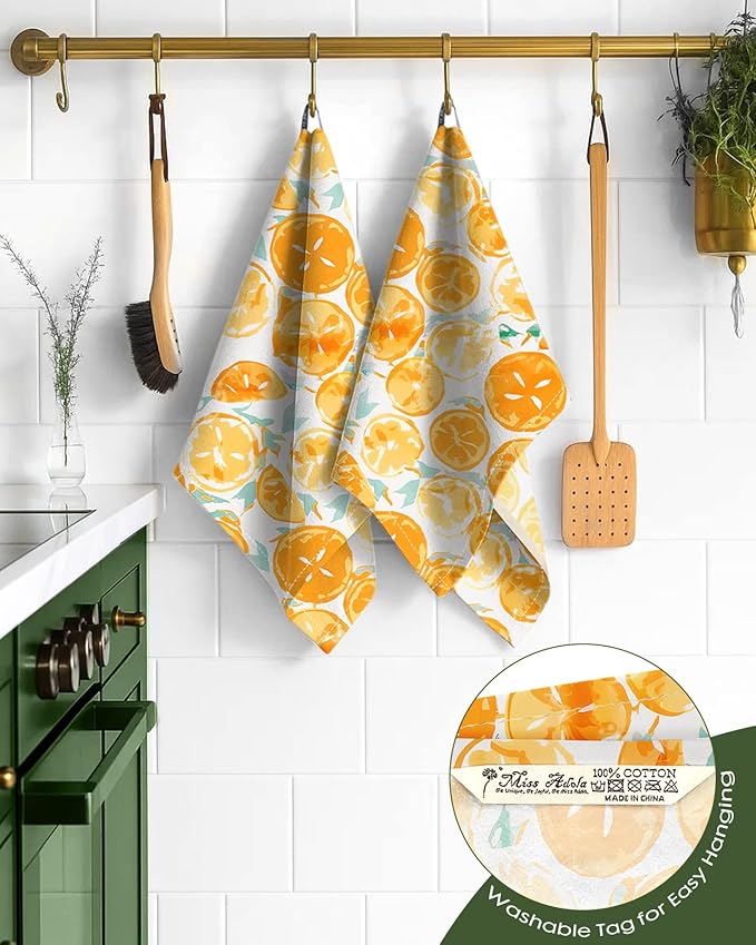 Miss Adola Flour Sack Kitchen Towels - Set of 2 Spring Dish Towels with Hanging Loop 18x26 Inch Absorbent Reusable Cotton Cloths for Cleaning Cute Design Home Decorative Housewarming, Lemon
