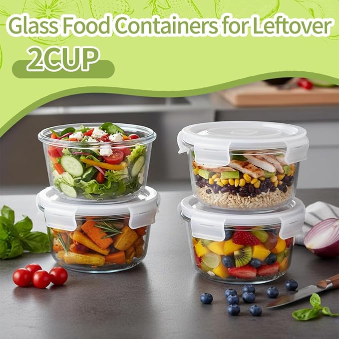 H.JSS WDJS 2 Cup Round Glass Food Storage Containers with Airtight Lids,16oz Round Glass Soup Container, BPA free Small Food Storage Containers for Leftover. Microwave, Freezer, Dishwashe safe-4pack