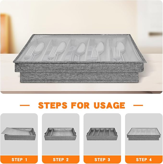 Grekos Flatware Utensil Storage Case, Silverware Storage Box with 4 Adjustable Dividers and Removable Lid, Cutlery Case Utensil with 5 Compartment Storage for Spoon Fork Knives Tableware (Gray)