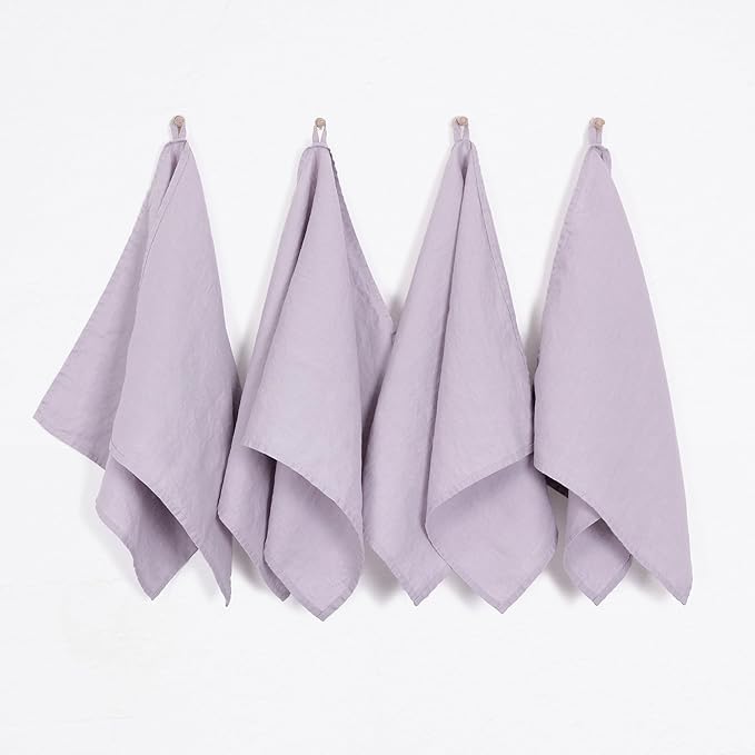 100% Linen Tea Towels - 14 x 28 Inch Pure French Linen Kitchen Dish and Hand Towels (Set of 4) (Purple)