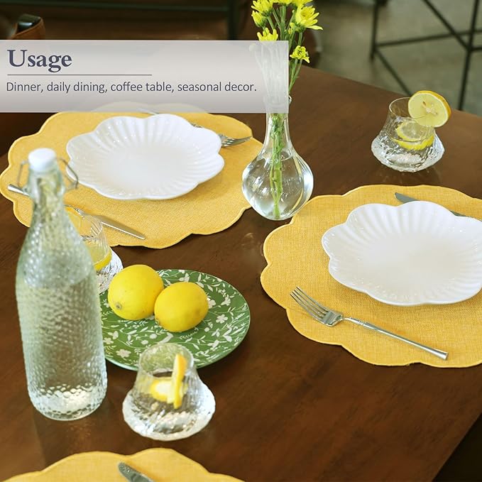 AHHFSMEI Round Faux Linen Placemats Set of 4 Heat Resistant Non-Slip Stain Proof Table Mats for Kitchen Dining Elegant Decor Place Mats (Yellow,4)