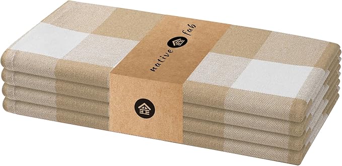Native Fab Buffalo Plaid Check Cloth Dinner Napkins - Set of 4-100% Cotton 16x16 inches Soft, Absorbent, Hotel Quality - Easy Care, Washable, All Events, Everyday Use - Beige White