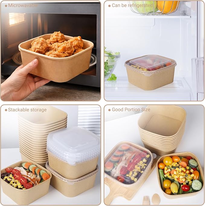 50 Sets 47oz Disposable Kraft Paper Bowls with Lids, Large Paper Food Containers with Lids, Salad Bowls for Hot/Cold Food, Fruit, Meal Prep, Takeout, Party Supplies(Square, 1400ml)
