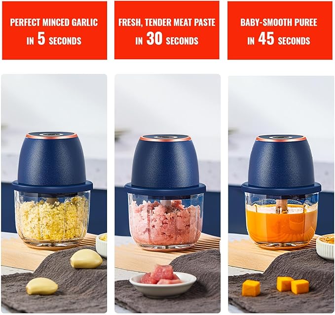 Electric Garlic Chopper 350ml, Powerful Portable Mini Food Processor, 1 Head 6 Blades, 1200mAh USB Rechargeable One-Touch Mincer for Garlic, Onion & Herbs, Auto Shut-Off, Noise-Reducing Base(Blue)