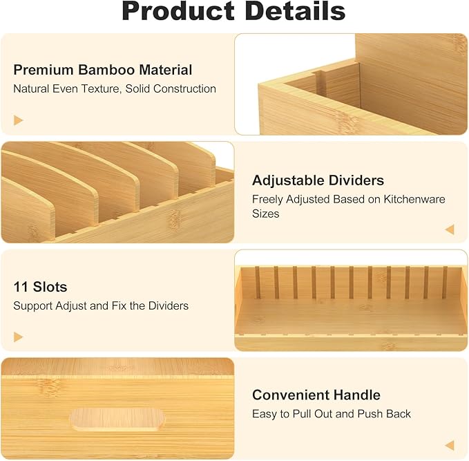 Housolution Pull Out Food Container Lid Organizer with Sliding Rail, Slide Out Plastic Lid Holder Compatible with Tupperware, Bamboo Storage Box with 5 Adjustable Dividers for Kitchen Cabinet, 1 Pack