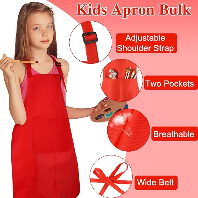 6 Pack Kids Apron bulk with 2 Pockets Adjustable Chef Art Apron Kids Painting Aprons for Cooking Baking Painting Crafting Grilling Activity（Red）