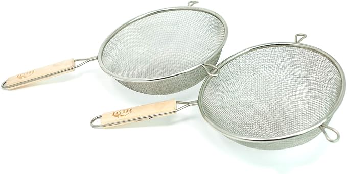 Huji Stainless Steel Fine 8" Double Mesh Food Strainer Colander Sieve Sifter with Wooden Handle for Kitchen Rice Pasta Noodles (2 Pack)