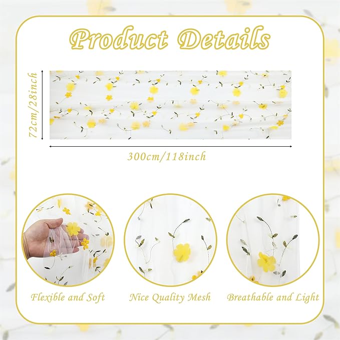 YATOJUZI Floral Table Runner Rustic Stereoscopic Embroidery Summer Decorations Seasonal Tulle Dining Table Runners for Home Kitchen Decor Wedding Shower Party