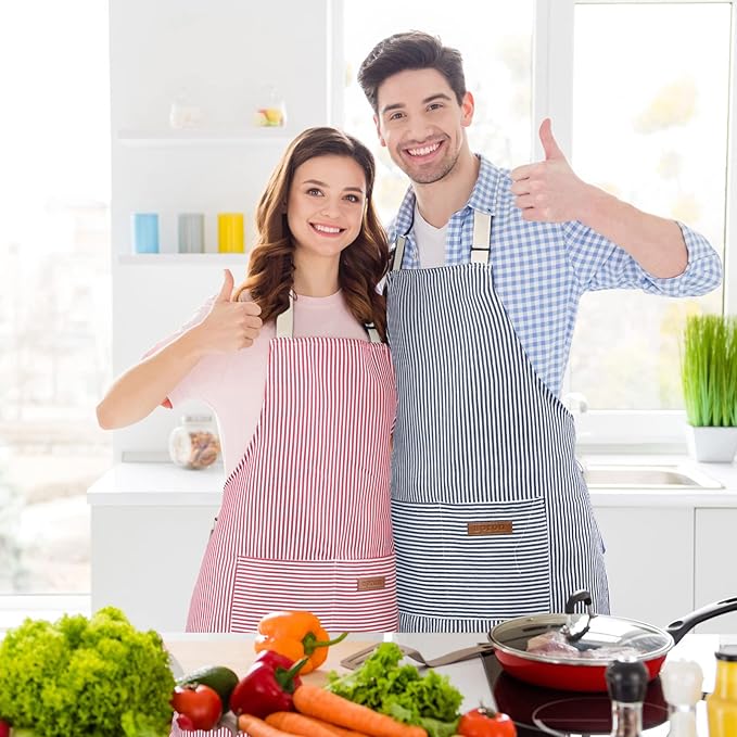 Handepo 12 Pcs Cotton Aprons for Women Men with Pockets Soft Adjustable Bib Stripe Aprons for Cooking Kitchen Chef