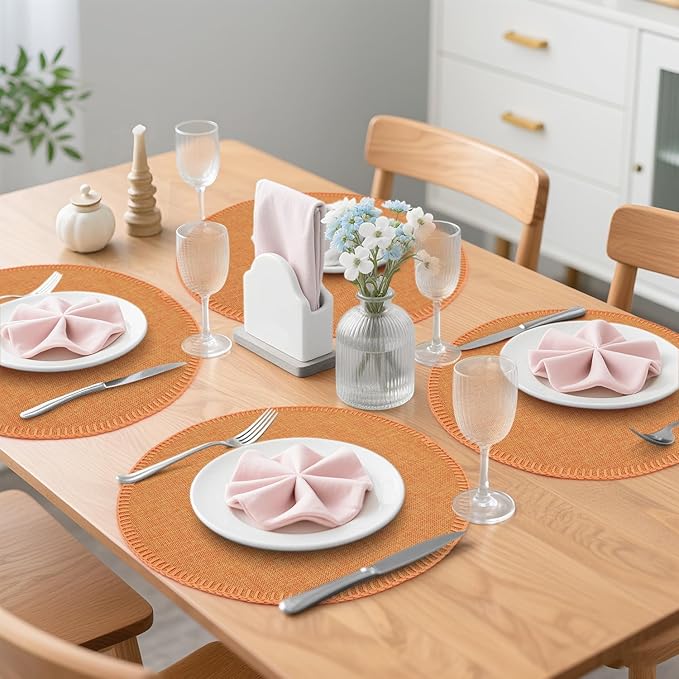 Round Placemats Set of 6, 15 Inch Linen Fabric Table Placemats, Heat Resistant, Wrinkle Free Washable Placemats Kitchen Place Mats Set of 6 for Dining Table Party Table (Orange, 6)