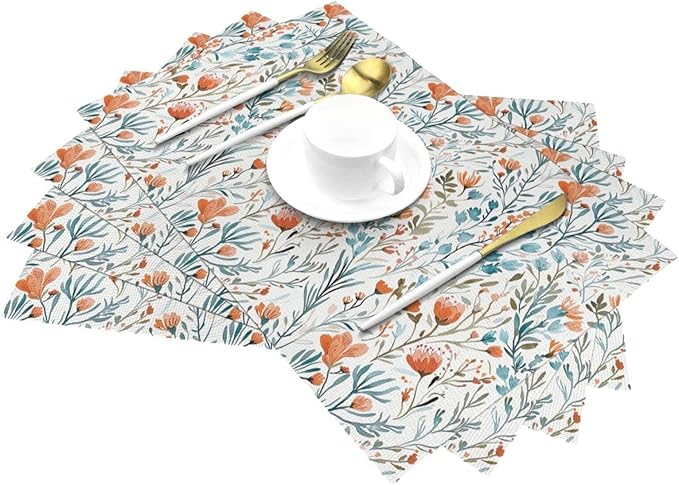 Boho Teal Orange Floral Linen Placemats Set of 4, 12x18 Inch Burnt Orange and Blue Watercolor Flower Table Mats, Non-Slip Heat Resistant Dining Mats for Kitchen Party Wedding, Spring Easter Home Decor
