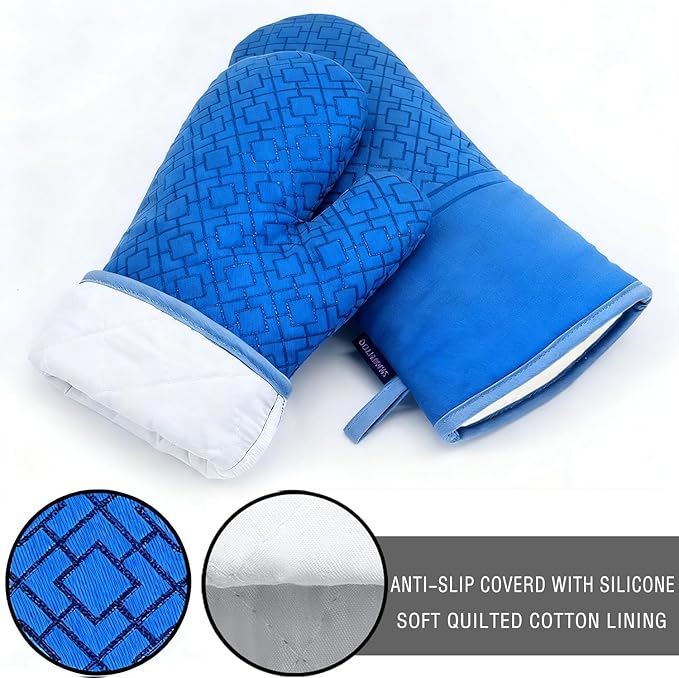 Oven Mitts and Pot Holders Sets 6pcs, Kitchen Oven Glove,High Heat Resistant 550 Degree Extra Long Oven Mitts and Potholders with Non-Slip Silicone Surface for Home Essentials (Grey) (Navy Blue)