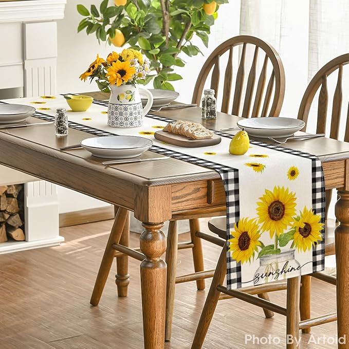 Artoid Mode Buffalo Plaid Sunflower Sunshine Vase Summer Table Runner, Spring Kitchen Dining Table Decoration for Home Party Decor 13x36 Inch